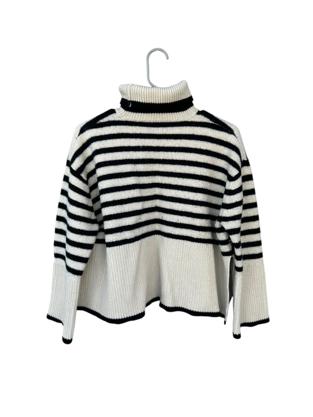 TOTEME BLACK AND WHITE WOOL- COTTON SIGNATURE STRIPE TURTLENECK SWEATER SIZE M - Picture 7 of 12